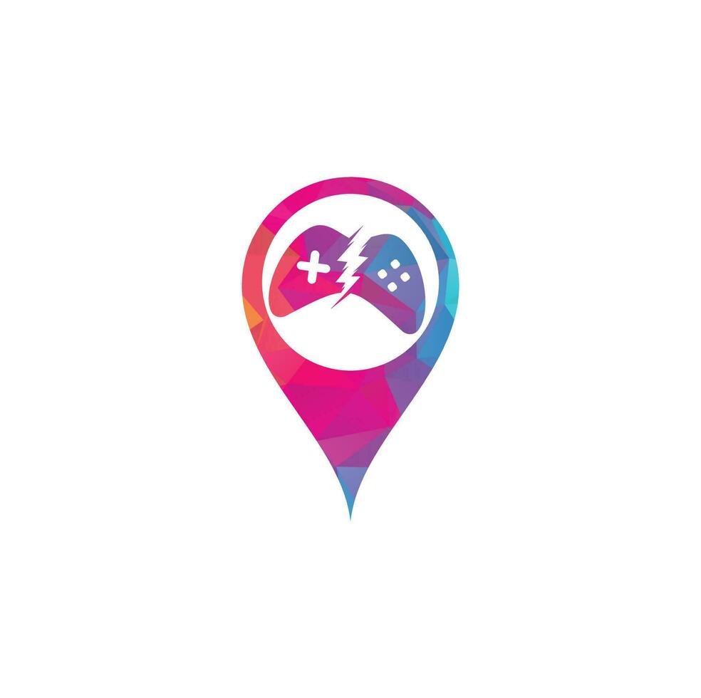 Thunder game map pin shape concept logo design. Game control with lightning icon logo vector