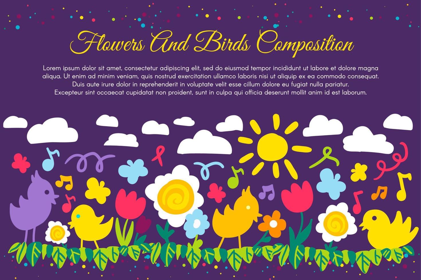 Birds and flowers flat banner with copyspace vector