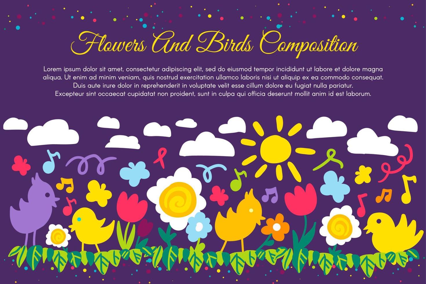 Banner plano de pájaros y flores con copyspace vector