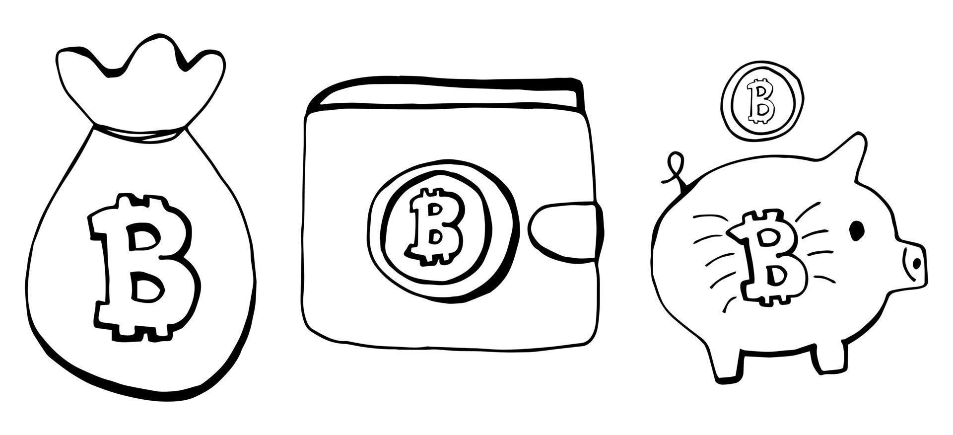 Bitcoin icons set in doodle style vector