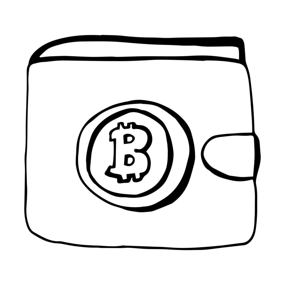 Crypto financial bill, cryptocurrency wallet, coin market. Cute happy purse is full of bitcoins. Crypto wallet, cryptocurrency coins concept. Thin line vector illustration on white background.