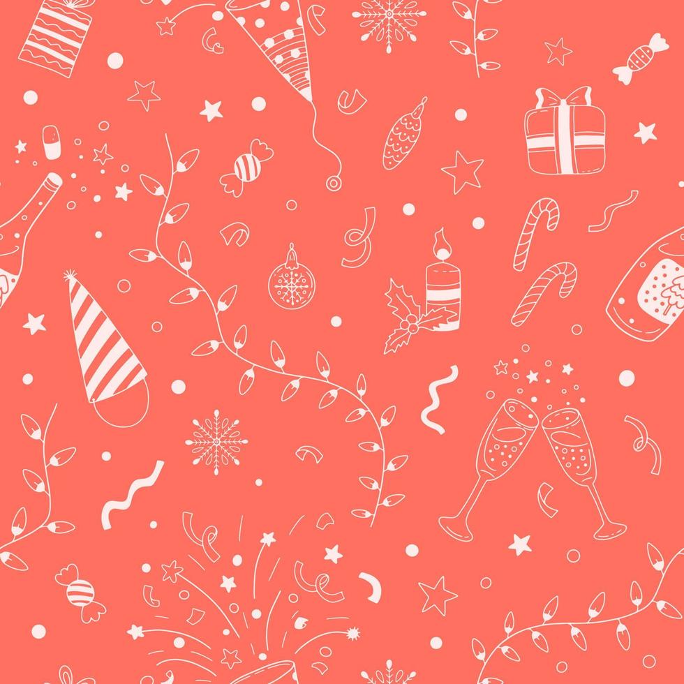 Merry Christmas and New Year stuff seamless pattern on a red background. Christmas wrapping paper and apparel design vector