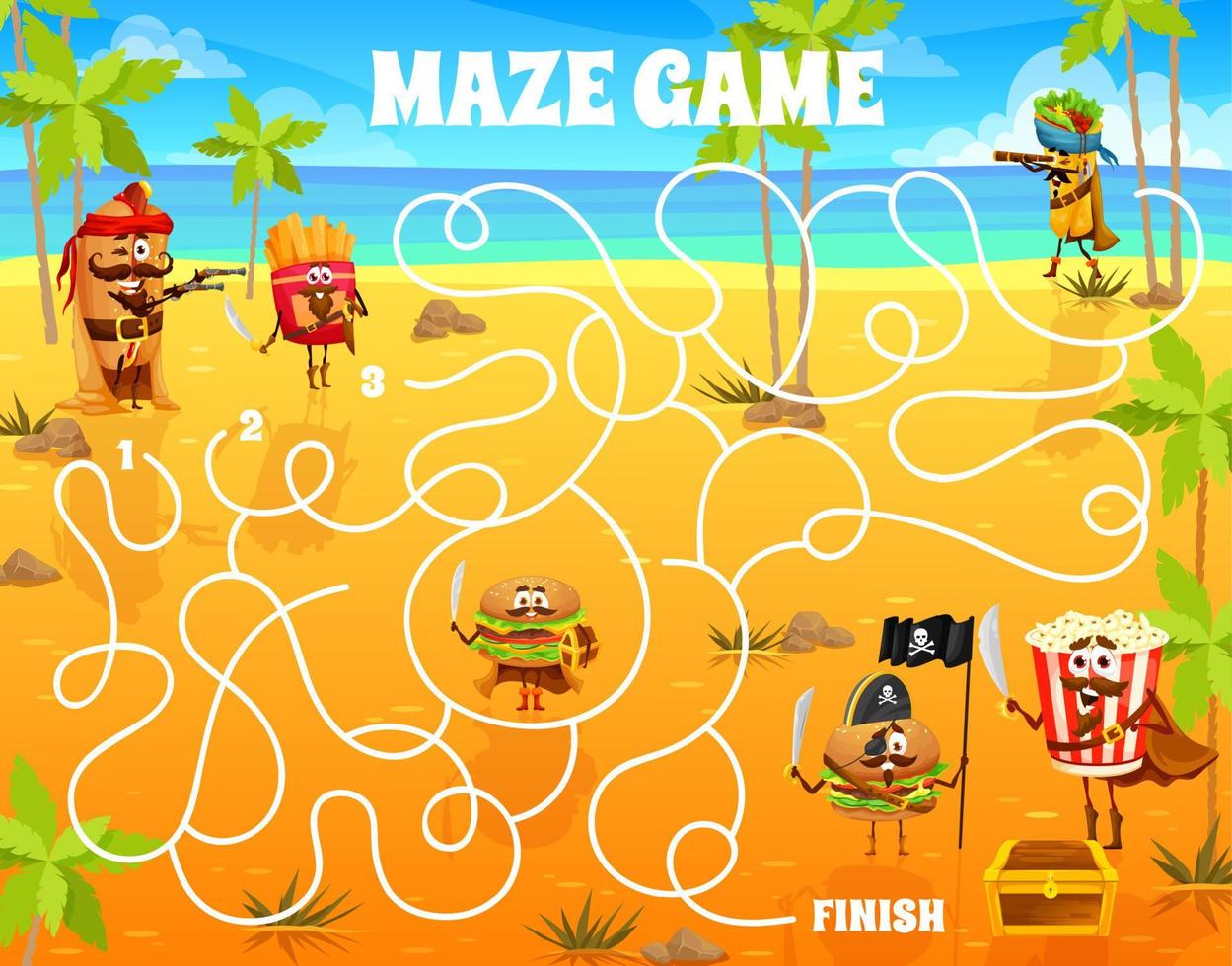 Labyrinth maze game cartoon pirates fast food vector