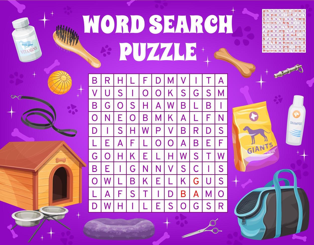 Word search puzzle with dog pet care accessories vector