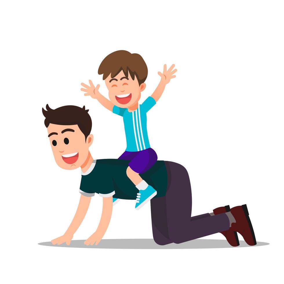 a happy boy sits on his father's back vector