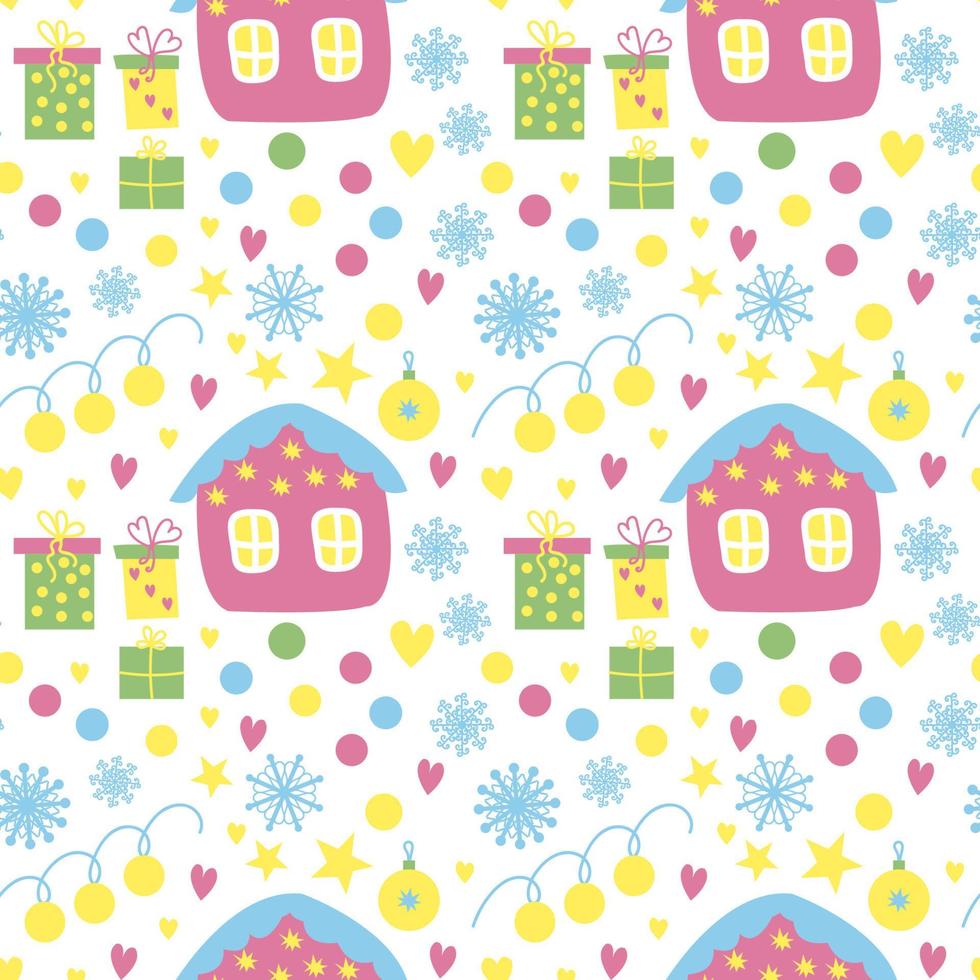 Seamless pattern with pink fairy house, snowflakes, Christmas decorations on a white background vector