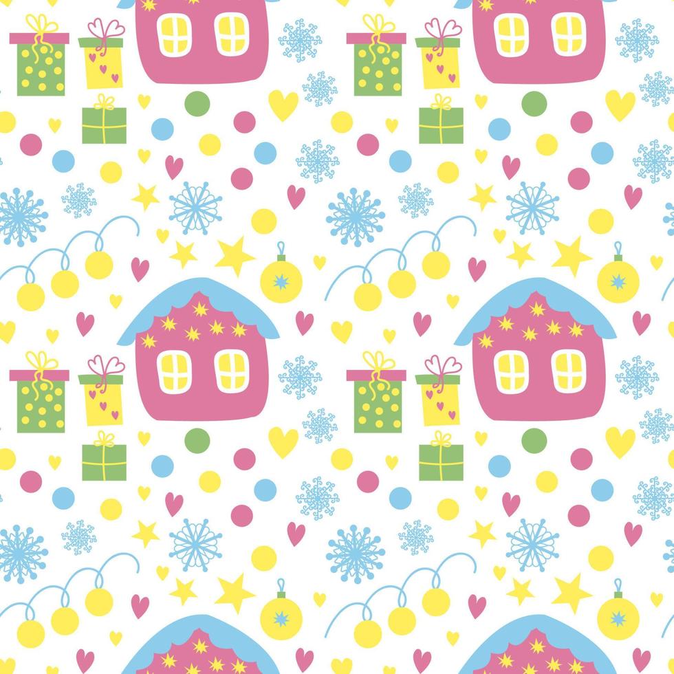 Seamless pattern with pink fairy house, snowflakes, Christmas decorations on a white background vector