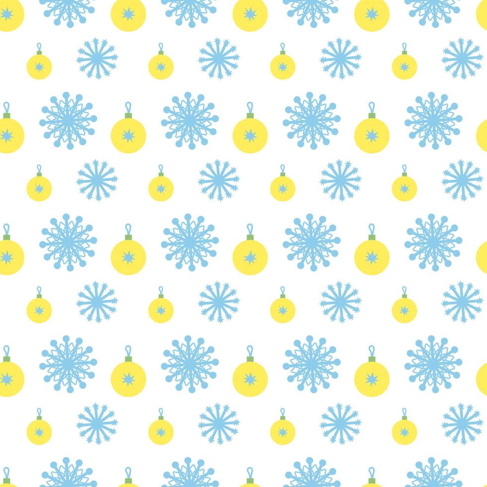 Seamless pattern with blue snowflakes and yellow baubles on a white background vector