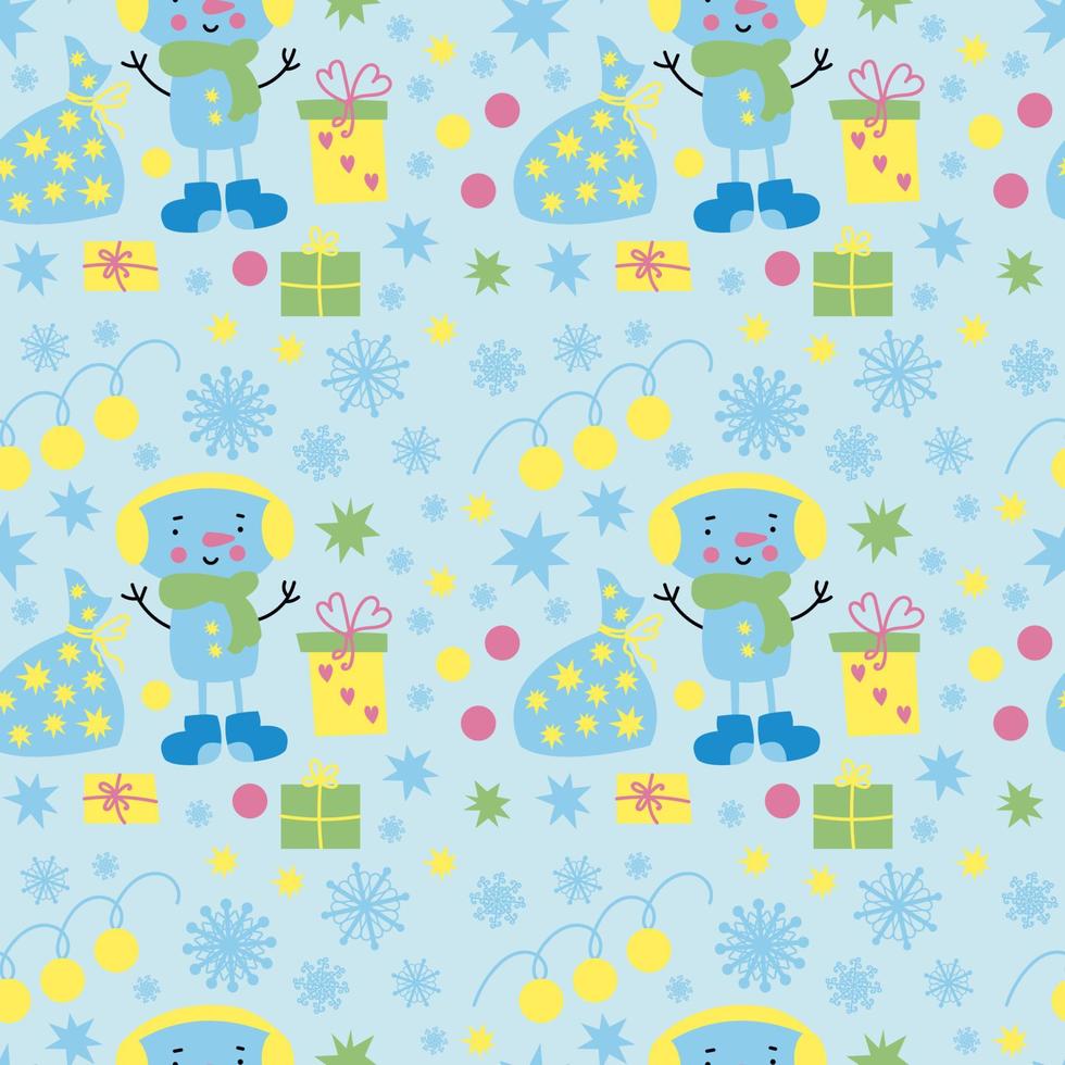 Vector seamless pattern with cute snowman, snowflakes, christmas gifts, stars, garland on light blue background