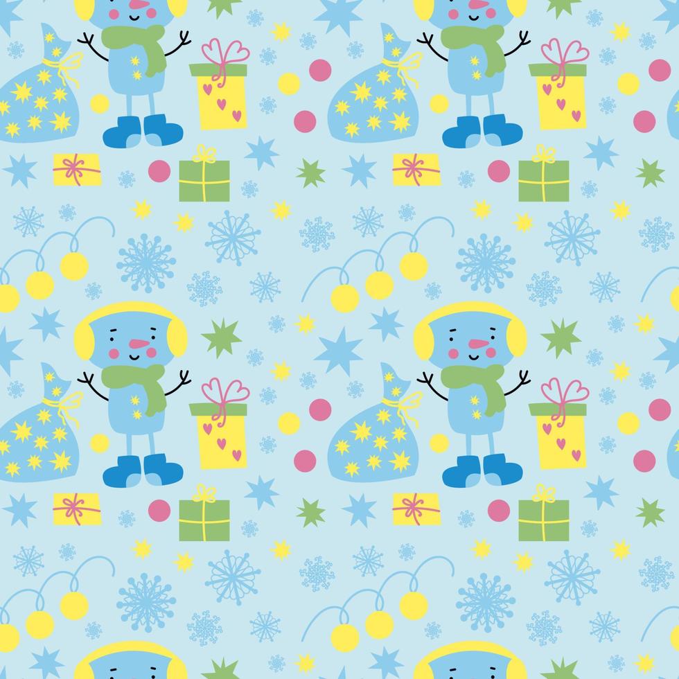 Vector seamless pattern with cute snowman, snowflakes, christmas gifts, stars, garland on light blue background