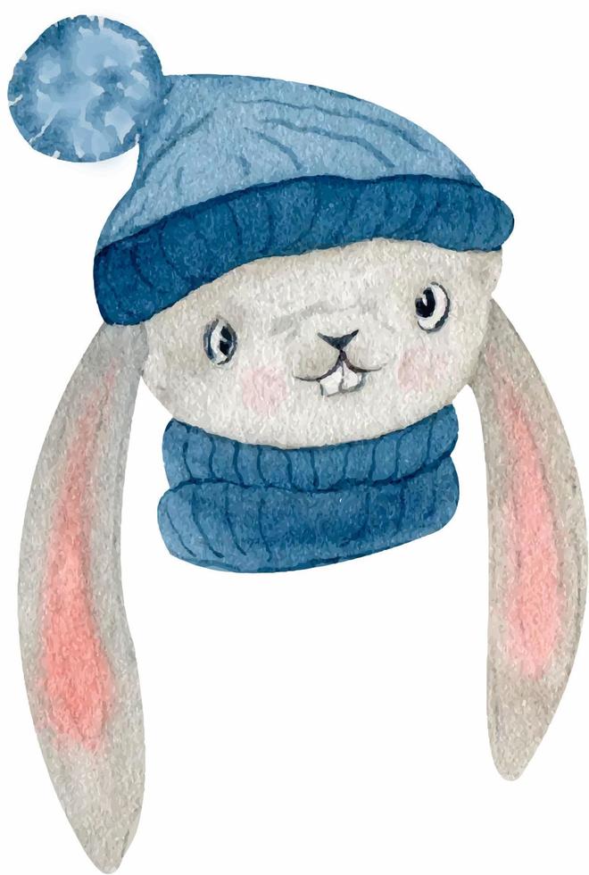 Cute rabbit with long ears in a warm blue hat. Watercolor print for kids clothes, textiles, kids room decoration vector