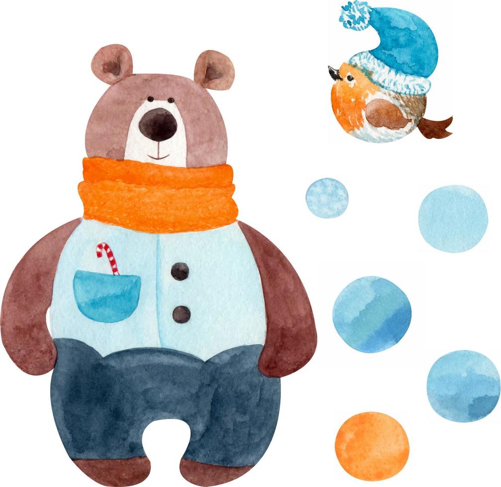 lindo oso de caricatura torpe con una cálida bufanda naranja, chaleco y pantalones, petirrojo con gorro cálido, bolas de nieve. ilustración acuarela vector