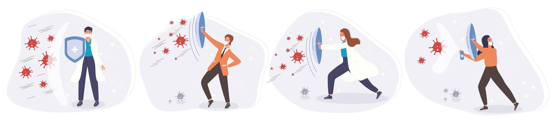 Fight and protect Coronavirus concept. Medical staff fight protective shield with pandemic. Vector illustration