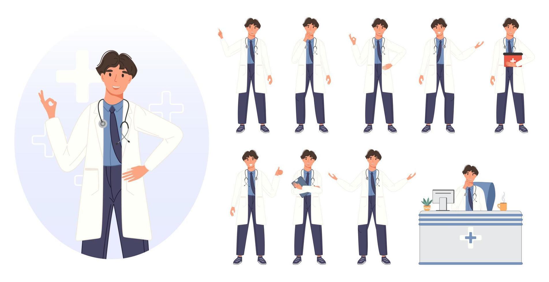 Frontline doctor team set. Medical staff man characters. Vector illustration in a flat style