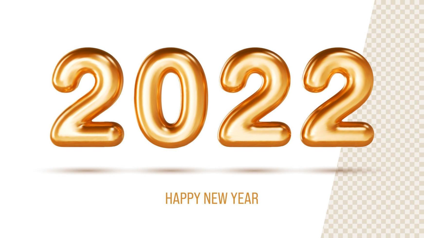 Happy New Year 2022. Realistic golden metal number with shadows. Gold 2022 3d illustration Christmas poster, cover card, flyer, template. Vector xmas brochure