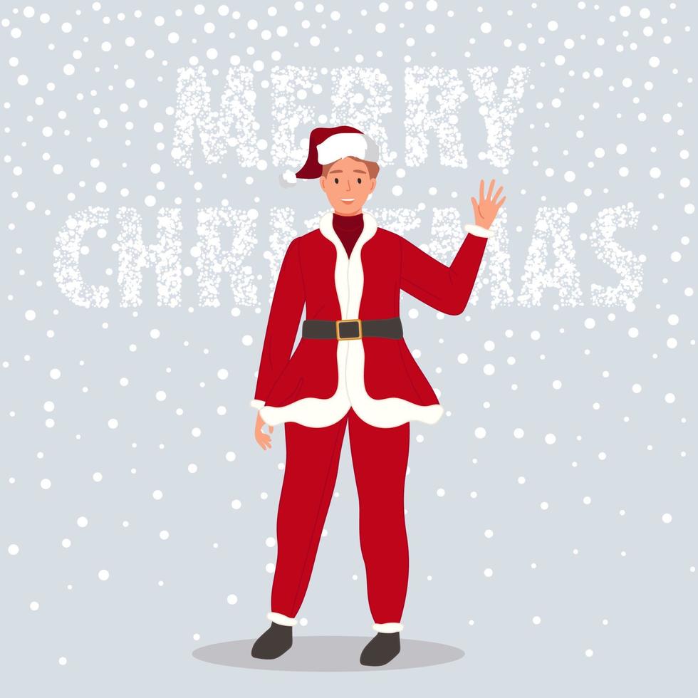 Happy man wearing in Santa Claus clothes on snow background Merry Christmas concept. Vector illustration