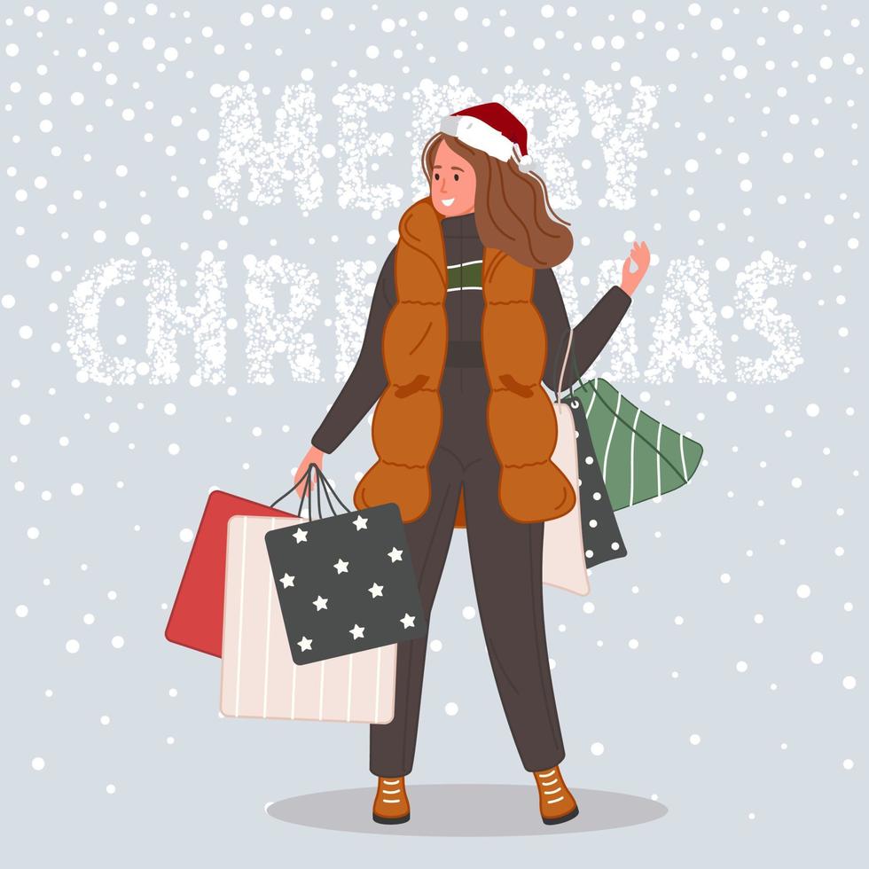 Happy woman with Christmas gifts. Female wearing in santa hat on snow background Merry Christmas concept. Vector illustration