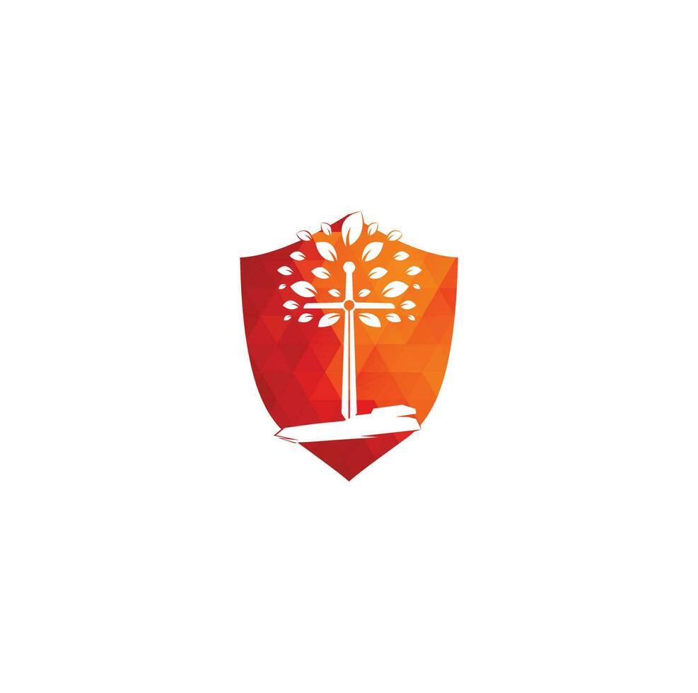 Church logo. Christian church cross praying tree logo. Christian Sword Church Cross logo design. vector
