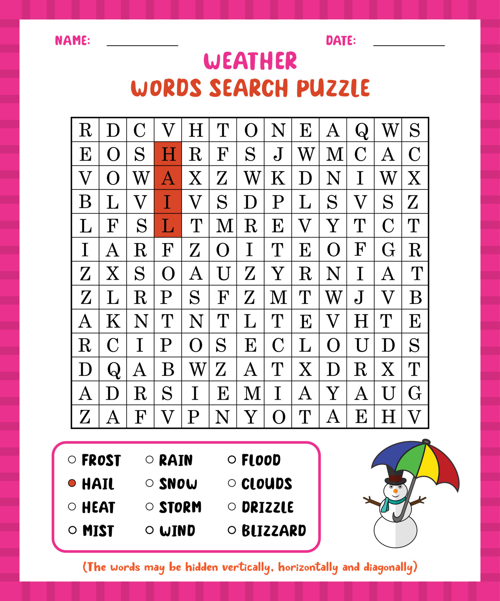 Word search game weather word search puzzle worksheet for learning
