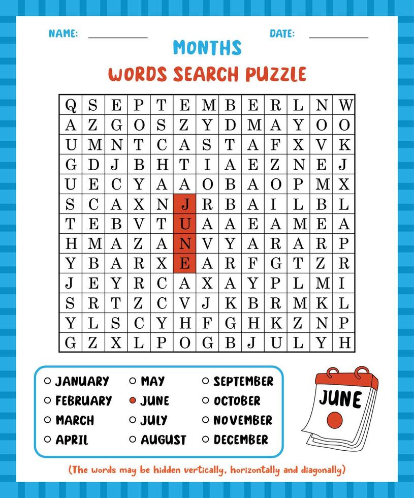 Word search game months word search puzzle worksheet for learning english. vector