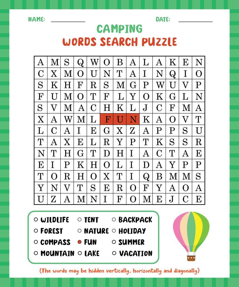 Word search game camping word search puzzle worksheet for learning english. vector