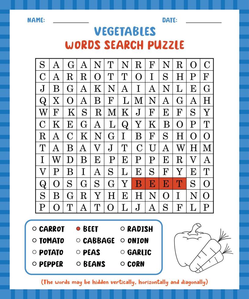 Word search game vegetables word search puzzle worksheet for learning english. vector