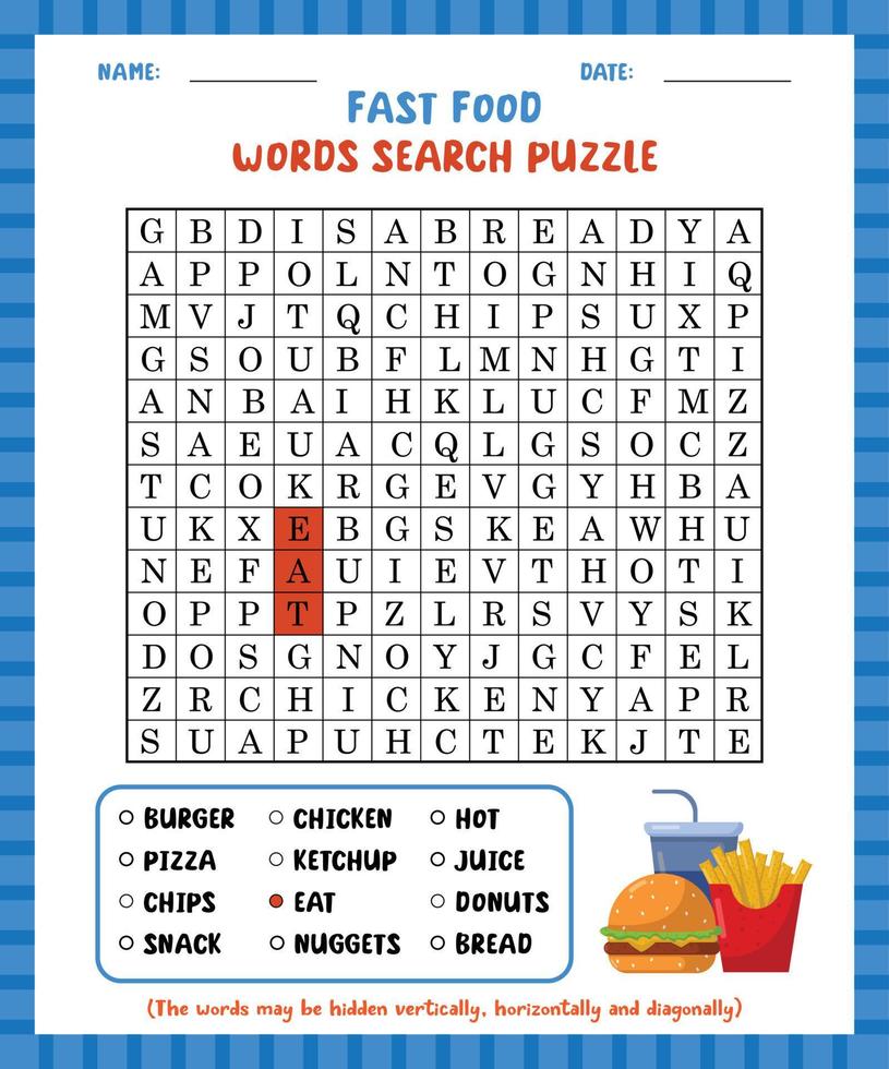 Word search game fast food word search puzzle worksheet for learning english. vector