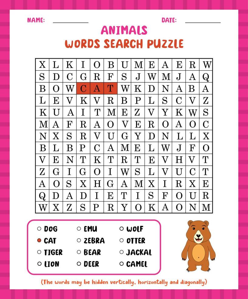 Word search game animals word search puzzle worksheet for learning english. vector
