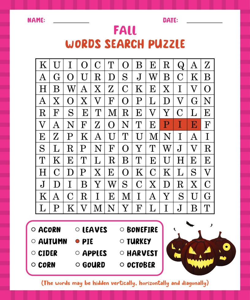 Word search game fall word search puzzle worksheet for learning english. vector