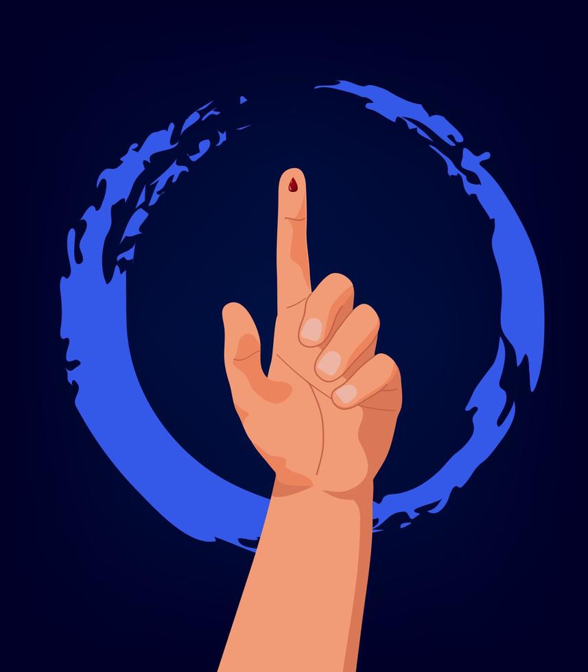 Realistic hand with outstretched forefinger with drop of blood, with light-blue ring made of brush stroke. Diabetes awareness concept for website, poster, leaflet, booklet, infographics vector