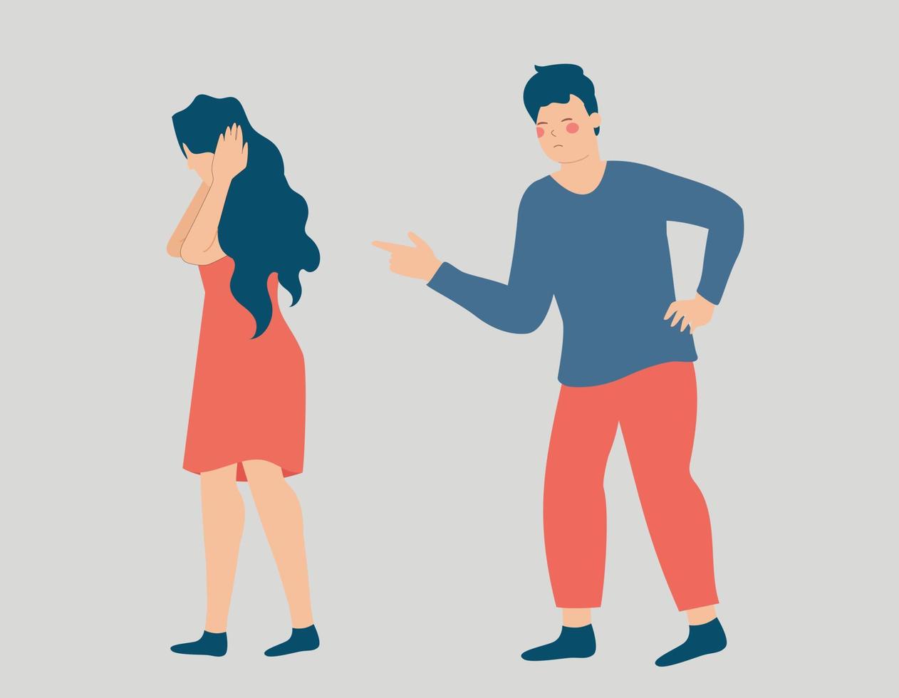 Man points his finger at a woman, criticizes and blames her. Female covers her ears due to accusations. Stop violence, bullying and abuse against women. Concept of verbal assault between couple. vector