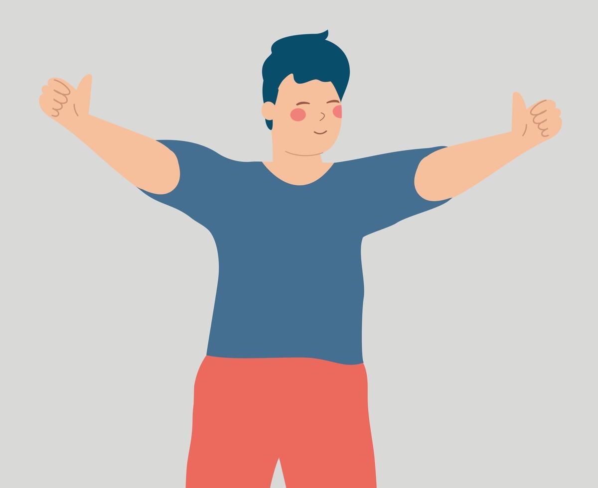 Happy man smiling and showing thumbs up gesture with both hands. Winner and cheerful client giving positive feedback through a like, survey, rating and support. Concept of customers satisfaction. vector