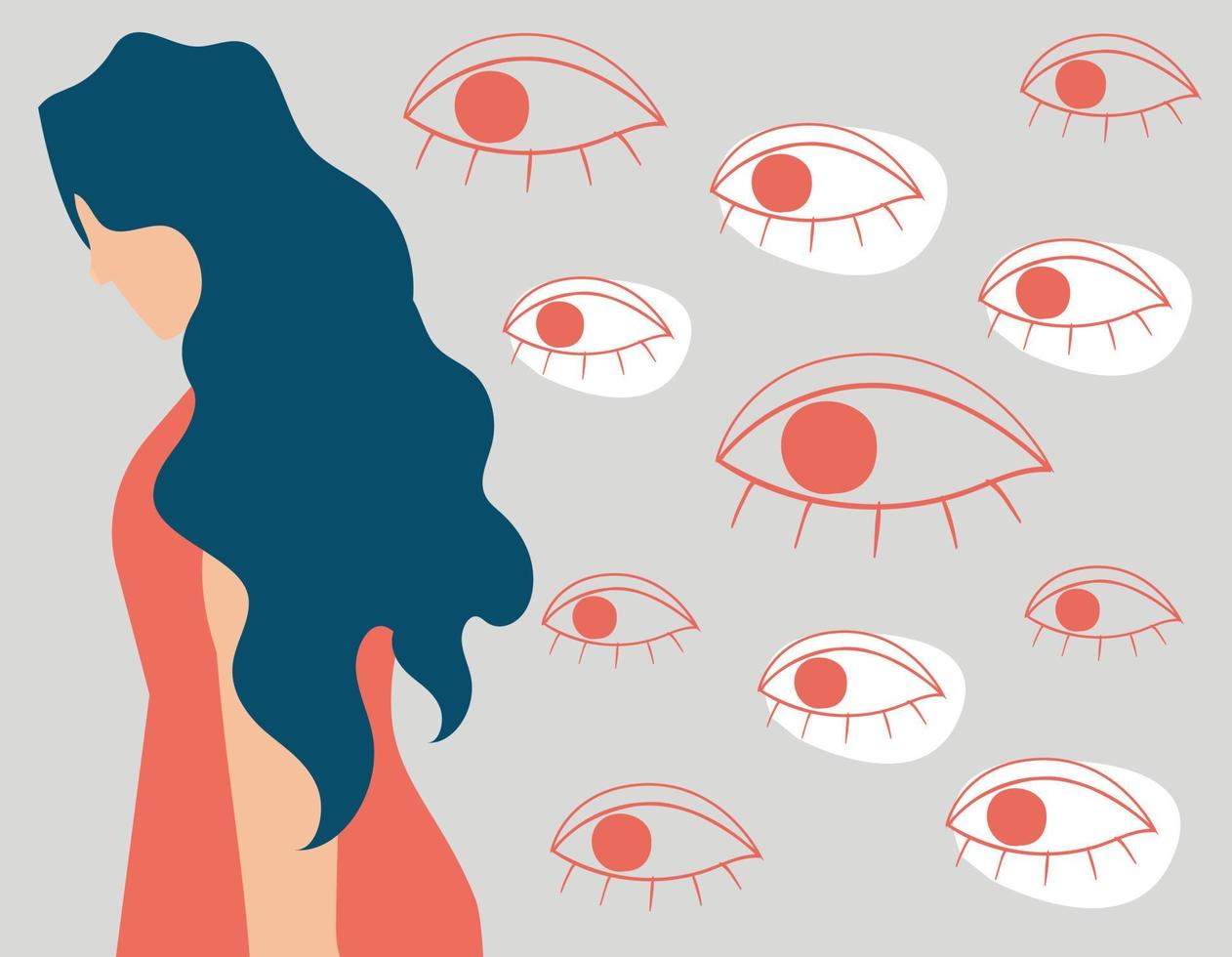 Sad woman feels stress and depression surrounded by big evil eyes watching her. Teenage girl suffers from verbal abuse and bullying. Concept of mental health illness, phobia, and fears. vector