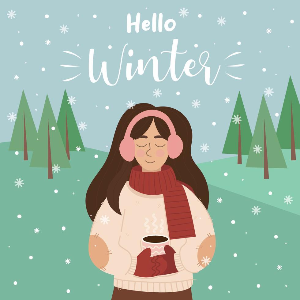 Woman,girl in winter cloth with cup of hot drink in her hands. Falling snowflakes. Girl in warm cloth. Winter mood. Hello winter. Vector illustration.