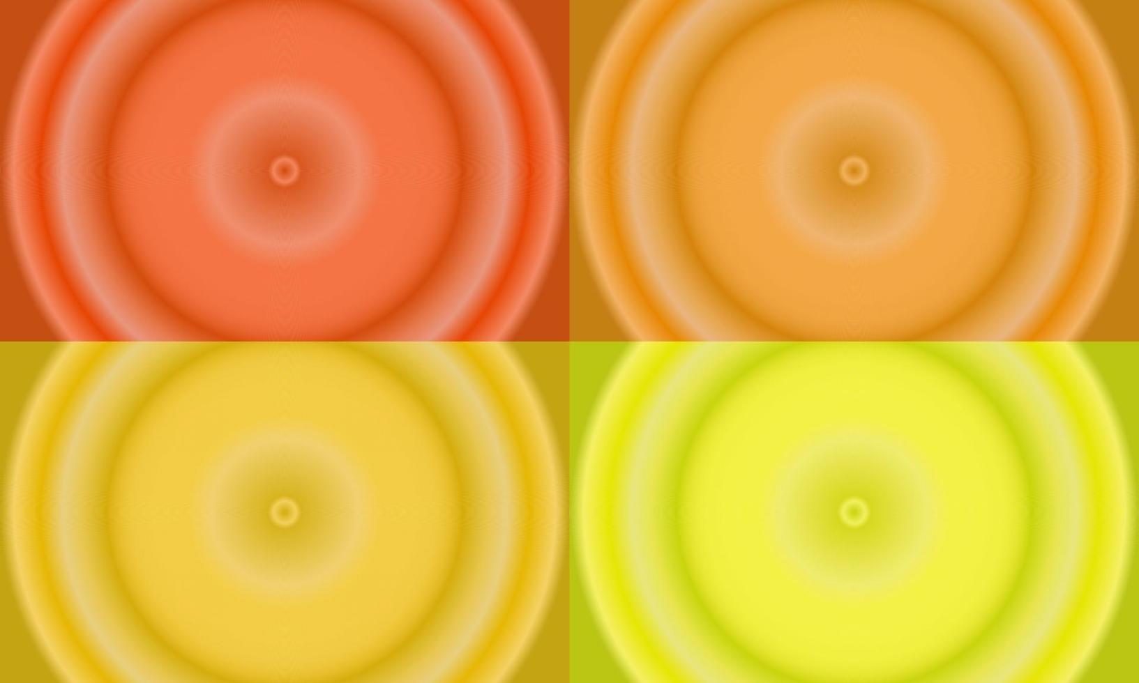 cuatro conjuntos de fondo abstracto de gradiente radial de círculo naranja, amarillo y marrón. estilo simple, borroso, brillante, moderno y de color. uso para página de inicio, fondo, papel tapiz, portada, afiche, pancarta o volante vector