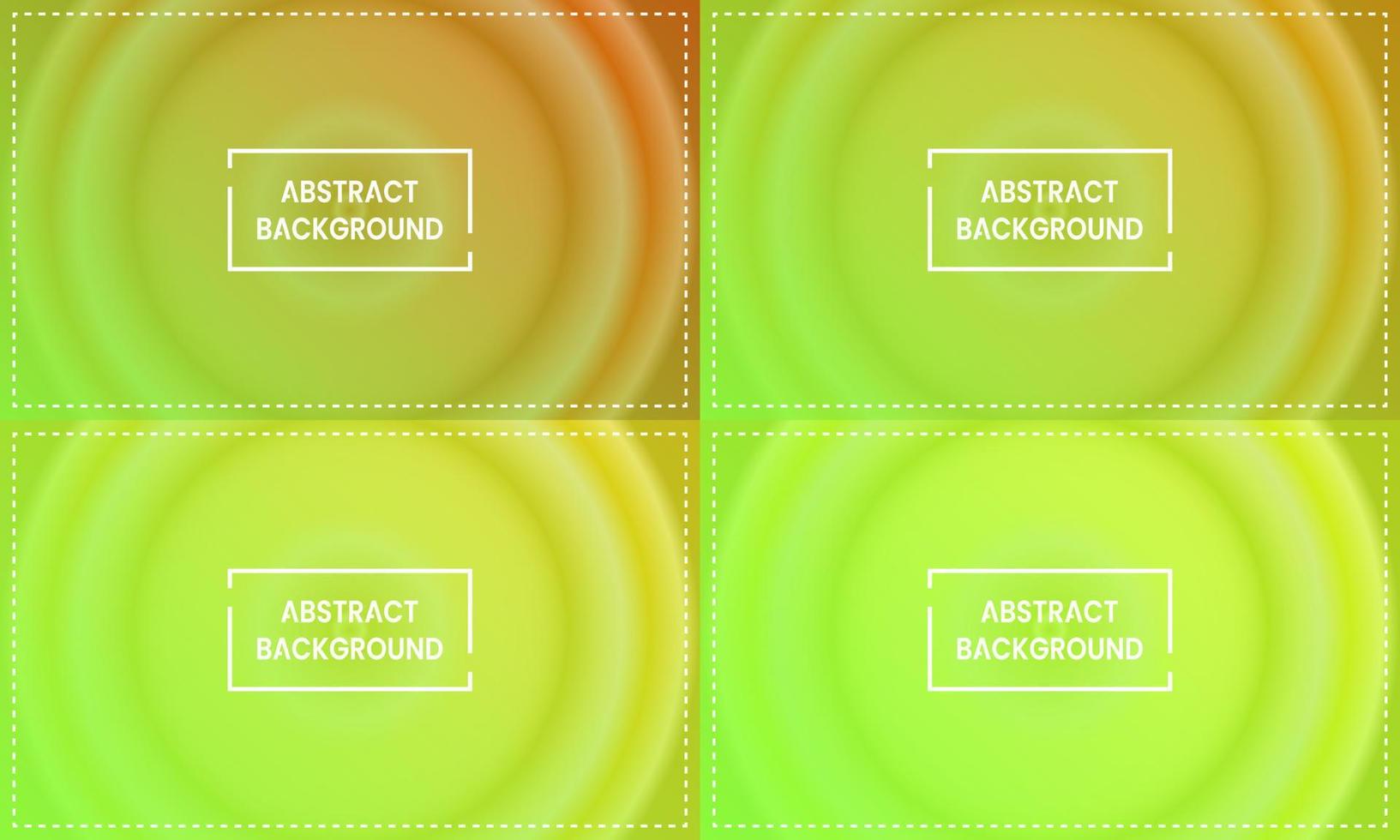 cuatro conjuntos de fondo abstracto de gradiente radial de círculo verde claro con marco. estilo borroso, brillante, moderno y de color. verde, amarillo y naranja. uso para página de inicio, backgdrop, papel tapiz, banner o volante vector