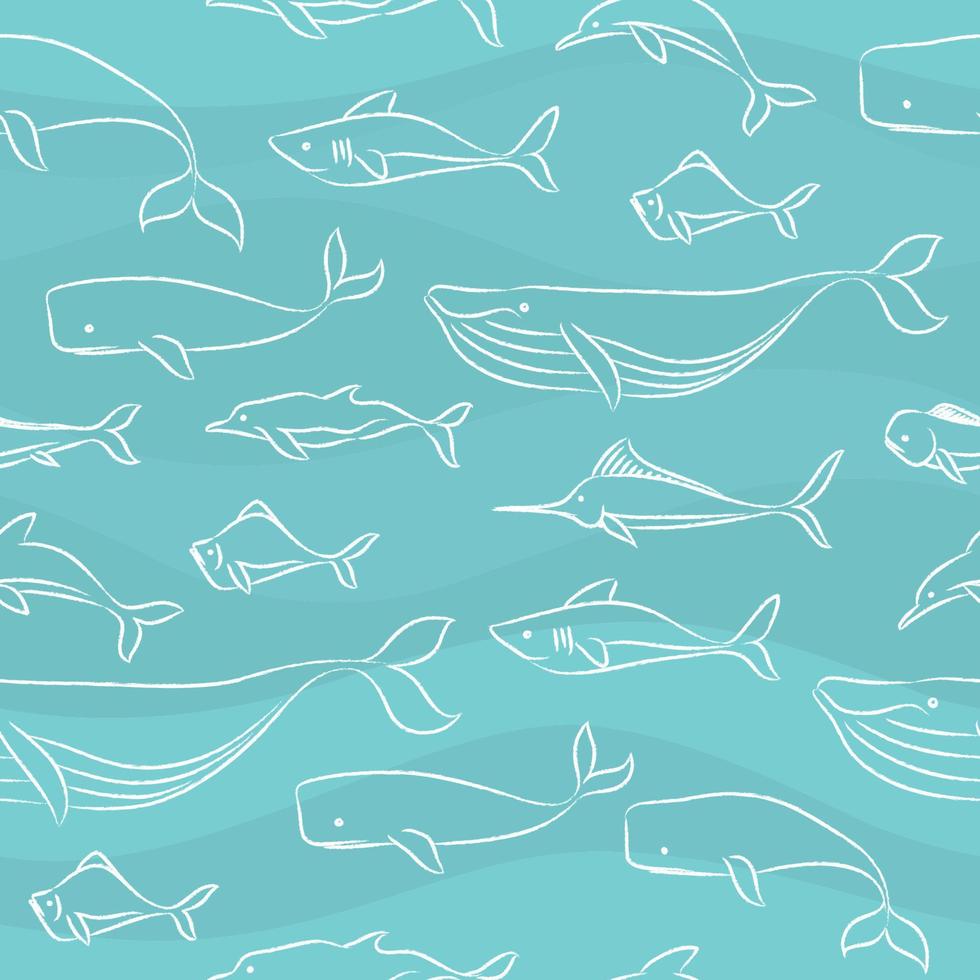 Seamless pattern of hand drawn big sea fishes using standard Illustrator brushes vector