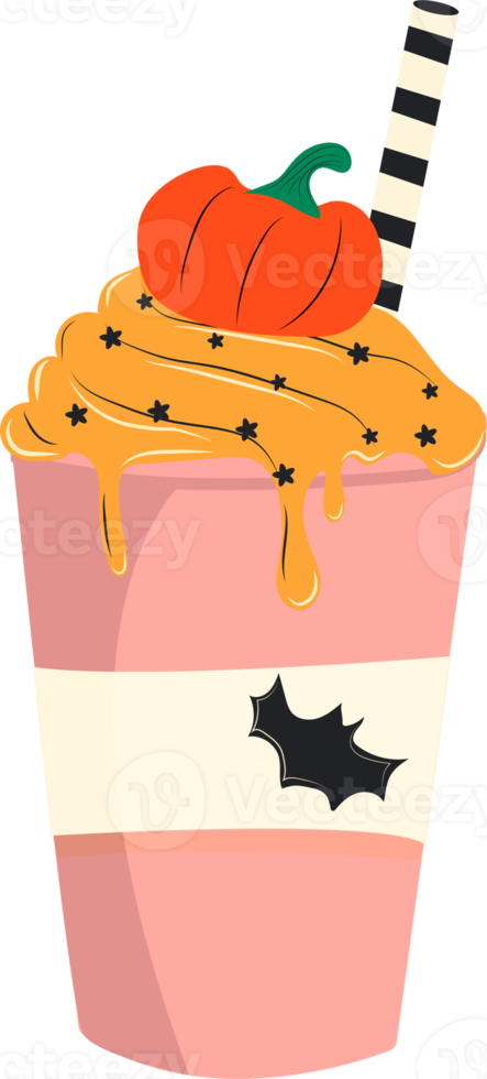 Cute  illustration of pumpkin spice latte with cute pumpkin in foam. Hand drawn. All elements are isolated png