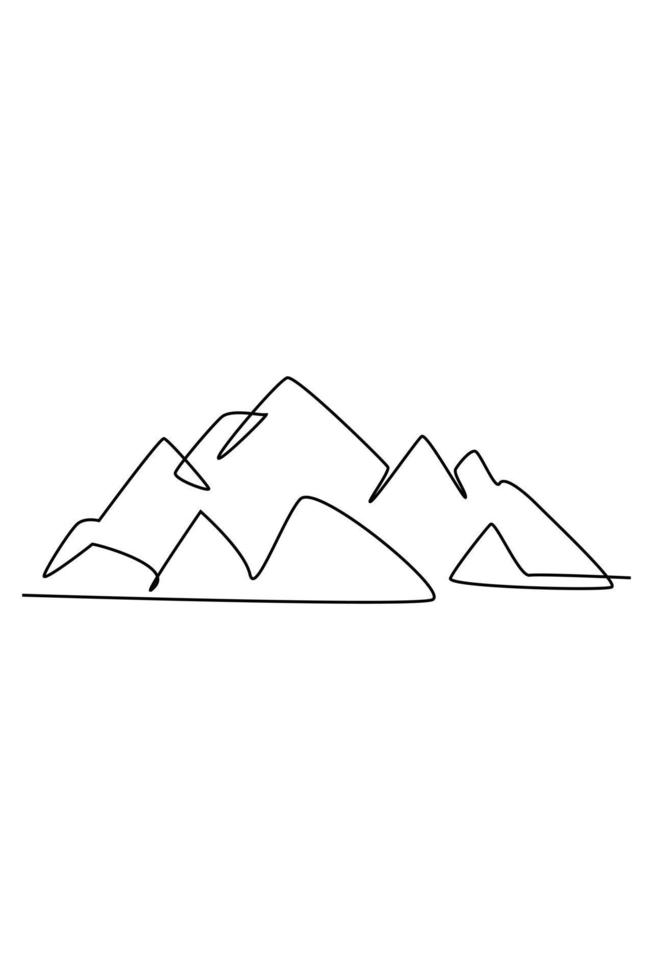 Single continuous line drawing of mountain range landscape. Web banner with mounts in simple linear style. Adventure winter sports concept isolated on white background. Doodle vector illustration