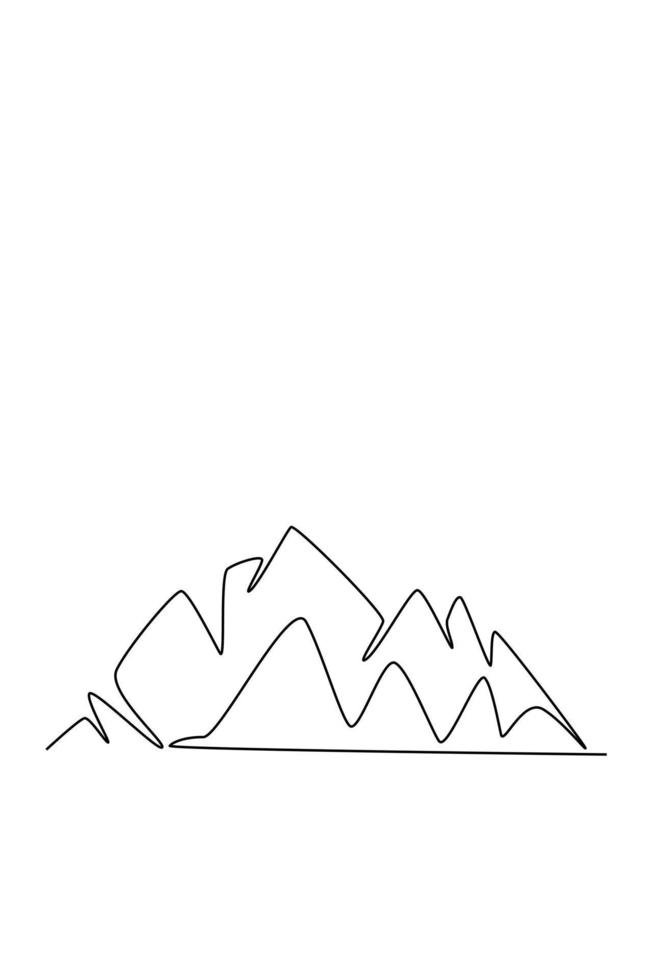 Mountain landscape continuous one line vector drawing. Beautiful view with mountains and fresh air. Nature, rock panoramic sketch. Holiday vacation concept isolated on white background