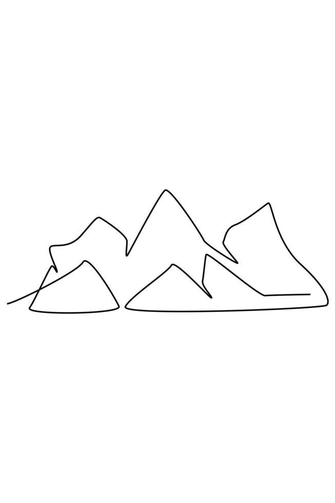 Mountain landscape continuous one line vector drawing. Beautiful view with mountains and fresh air. Nature, rock panoramic sketch. Holiday vacation concept isolated on white background