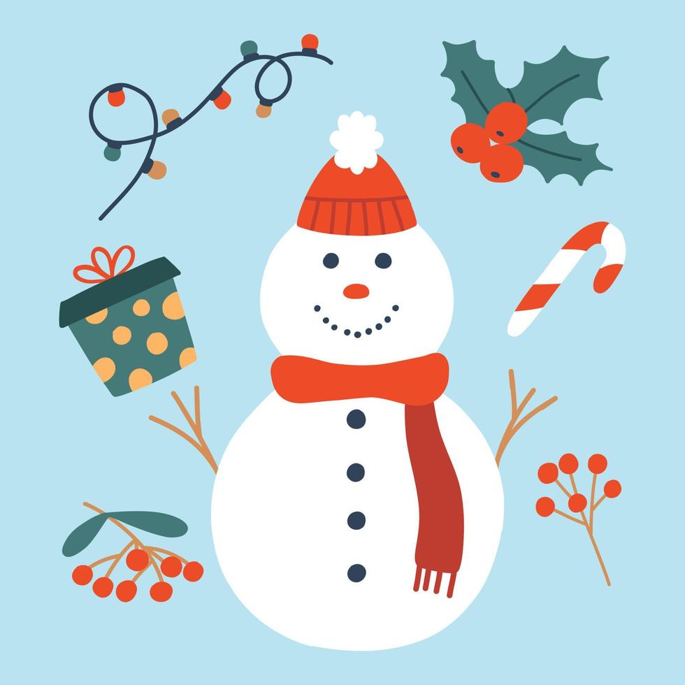 Set of winter elements. Christmas elements collection snowman, garland, gift. Flat style. Vector illustration.Cozy time.