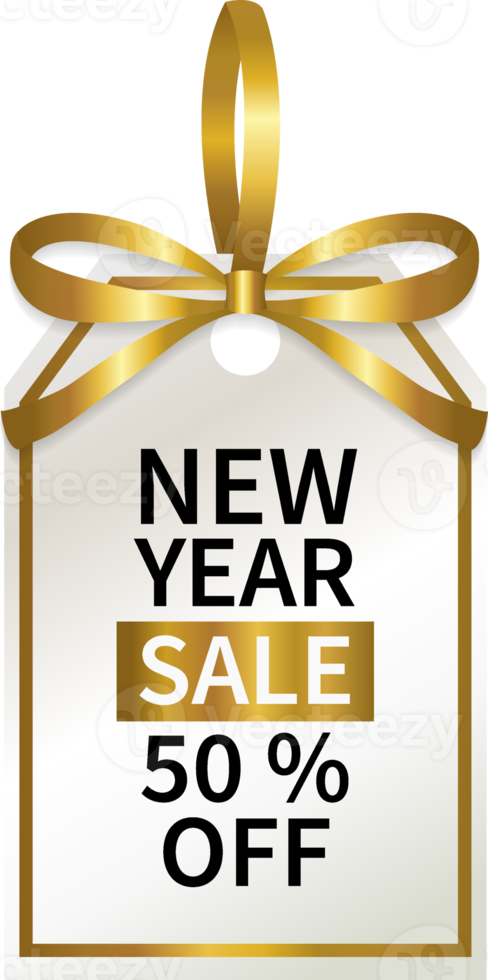 isolate new year sale promotion geometric price tag with gold ribbon png design