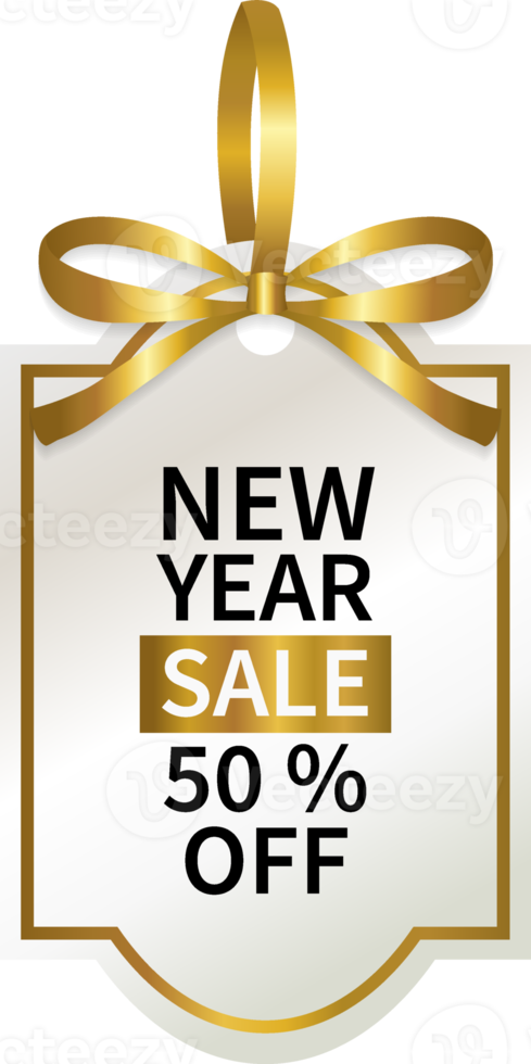 isolate new year sale promotion geometric price tag with gold ribbon design png