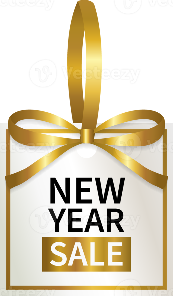 isolate new year sale promotion geometric price tag with gold ribbon png