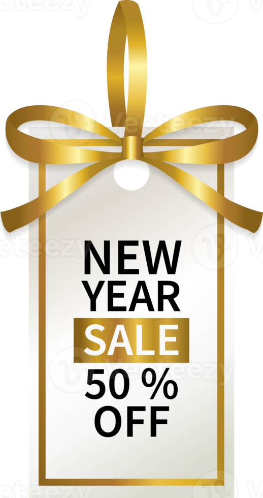 Étiquette de prix géométrique de promotion de vente de nouvel an avec ruban d'or png