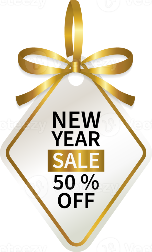 isolate new year sale promotion geometric price tag with gold ribbon png