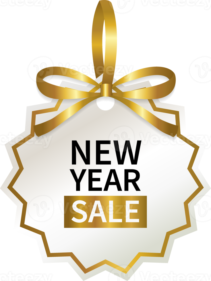 isolate new year sale geometric price tag with gold ribbon png