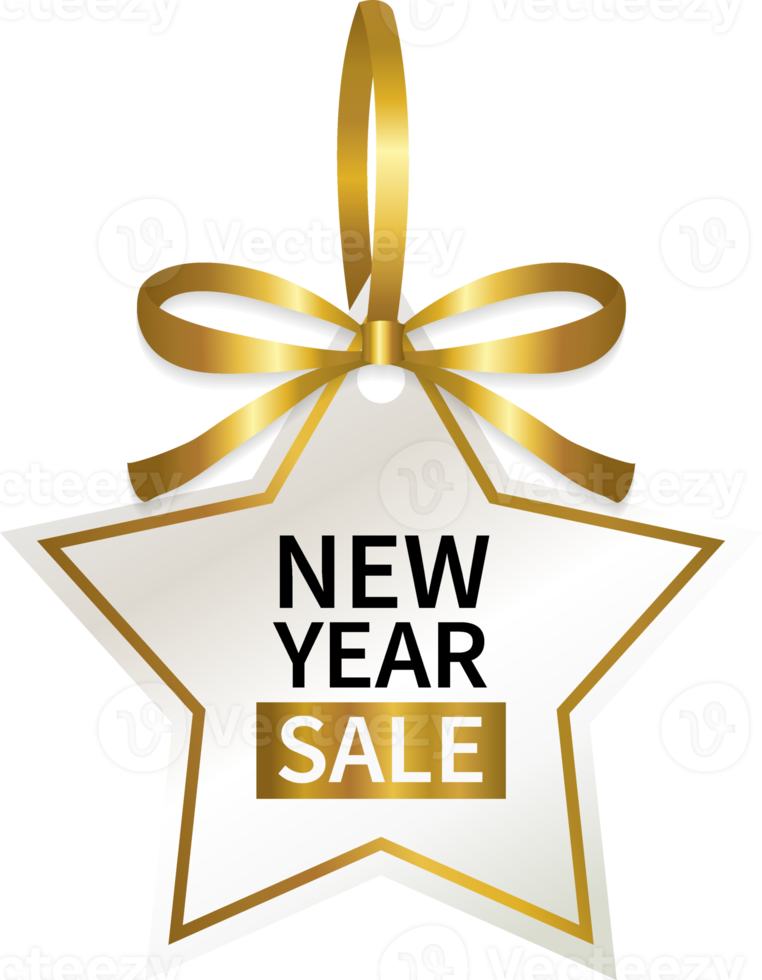 isolate new year sale price tag with gold ribbon geometric design png