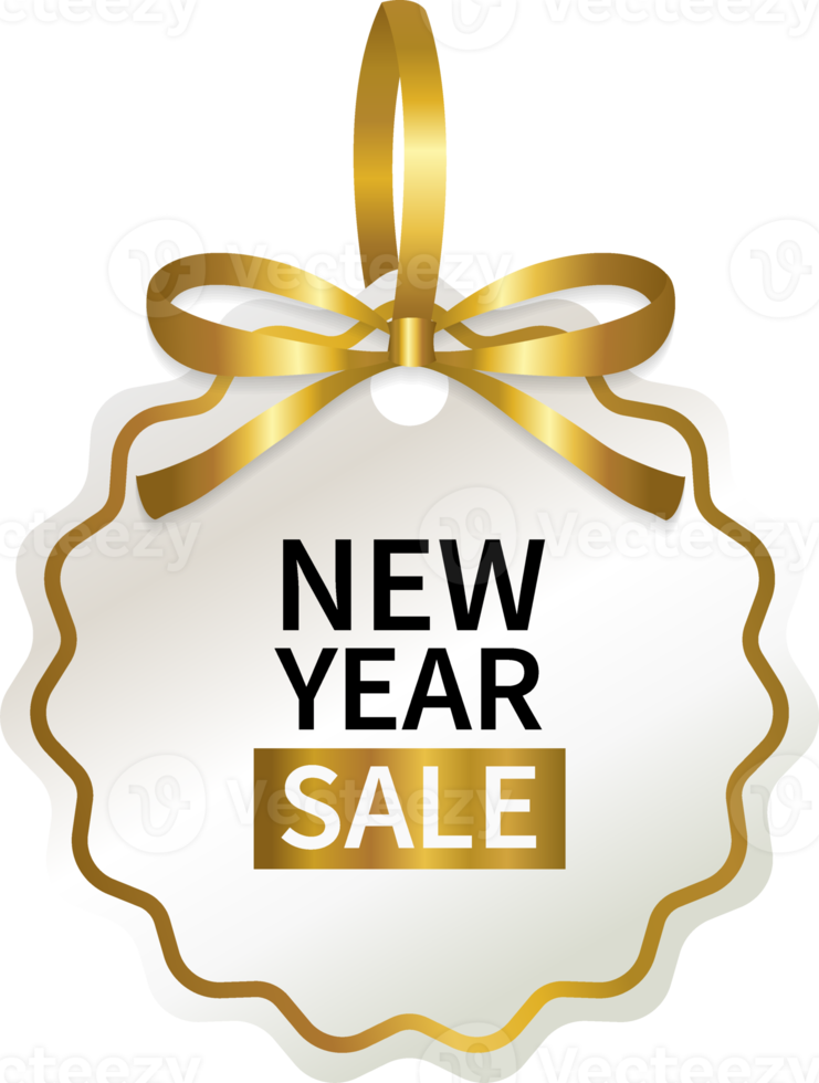 isolate new year sale price tag with gold ribbon geometric png